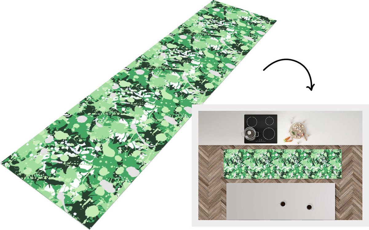KitchenYeah Keukenloper - Loper keuken - Patronen - Groen - Camouflage - 240x60 cm - Keukenloper vinyl Multicolor