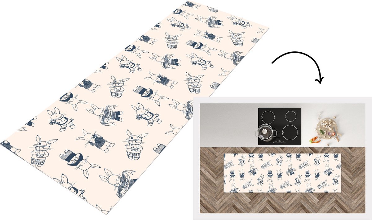 KitchenYeah Keukenloper - Loper keuken - Konijnen - Vintage - Patronen - 150x50 cm - Keukenloper vinyl Multicolor