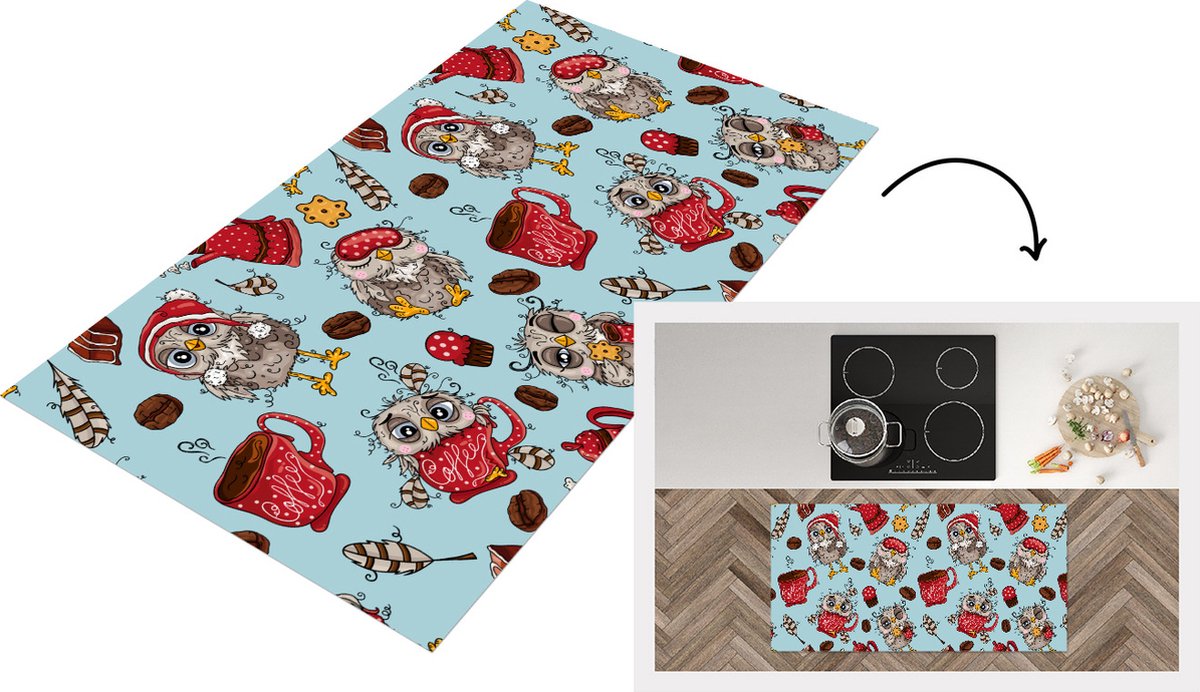 KitchenYeah Keukenloper - Loper keuken - Patronen - Uil - Ontbijt - 120x60 cm - Keukenloper vinyl Multicolor