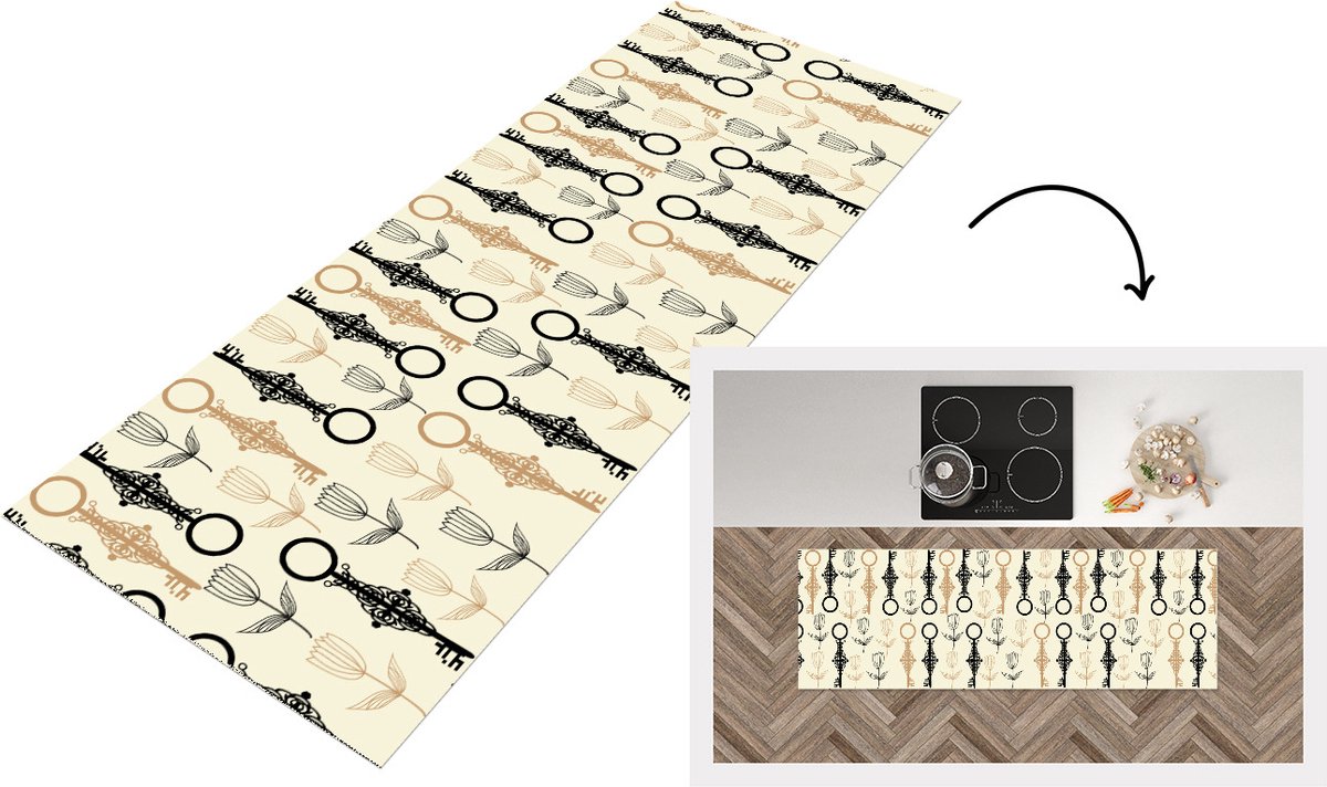 KitchenYeah Keukenloper - Loper keuken - Sleutel - Goud - Bloemen - Patronen - Keukenloper vinyl, foto 2