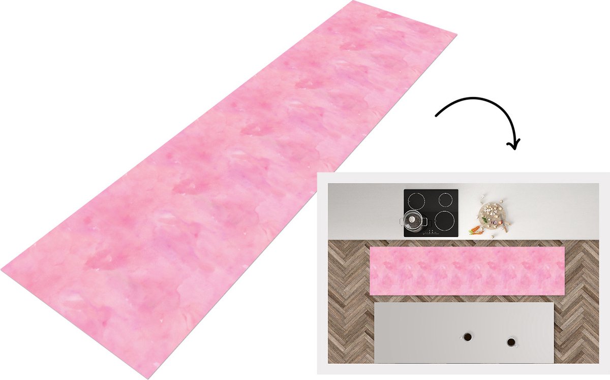 KitchenYeah Keukenloper - Loper keuken - Waterverf - Patronen - Roze - Verf - 240x60 cm - Keukenloper vinyl Multicolor
