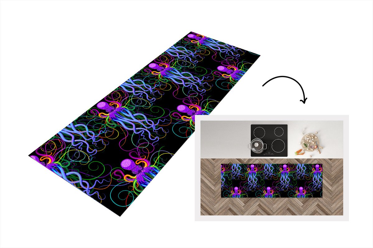 KitchenYeah Keukenloper - Loper keuken - Octopus - Regenboog - Neon - Abstract - Patronen - 180x60 cm - Keukenloper vinyl Multicolor