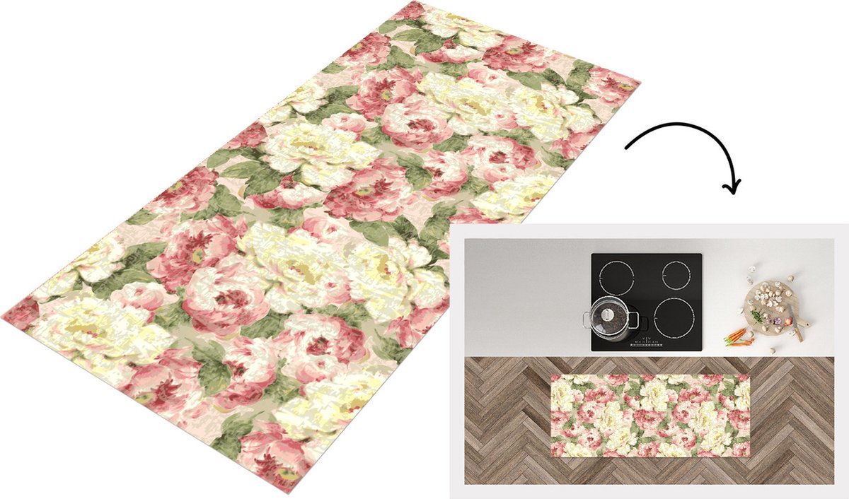 KitchenYeah Keukenloper - Loper keuken - Rozen - Vintage - Patronen - 120x50 cm - Keukenloper vinyl Multicolor