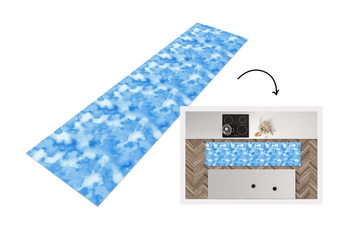 KitchenYeah Keukenloper - Loper keuken - Waterverf - Abstract - Blauw - Patronen - 240x60 cm - Keukenloper vinyl Multicolor