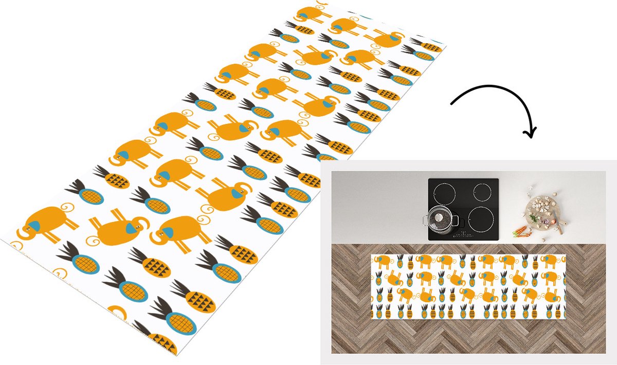 KitchenYeah Keukenloper - Loper keuken - Olifant - Ananas - Geel - Patroon - 180x60 cm - Keukenloper vinyl Multicolor