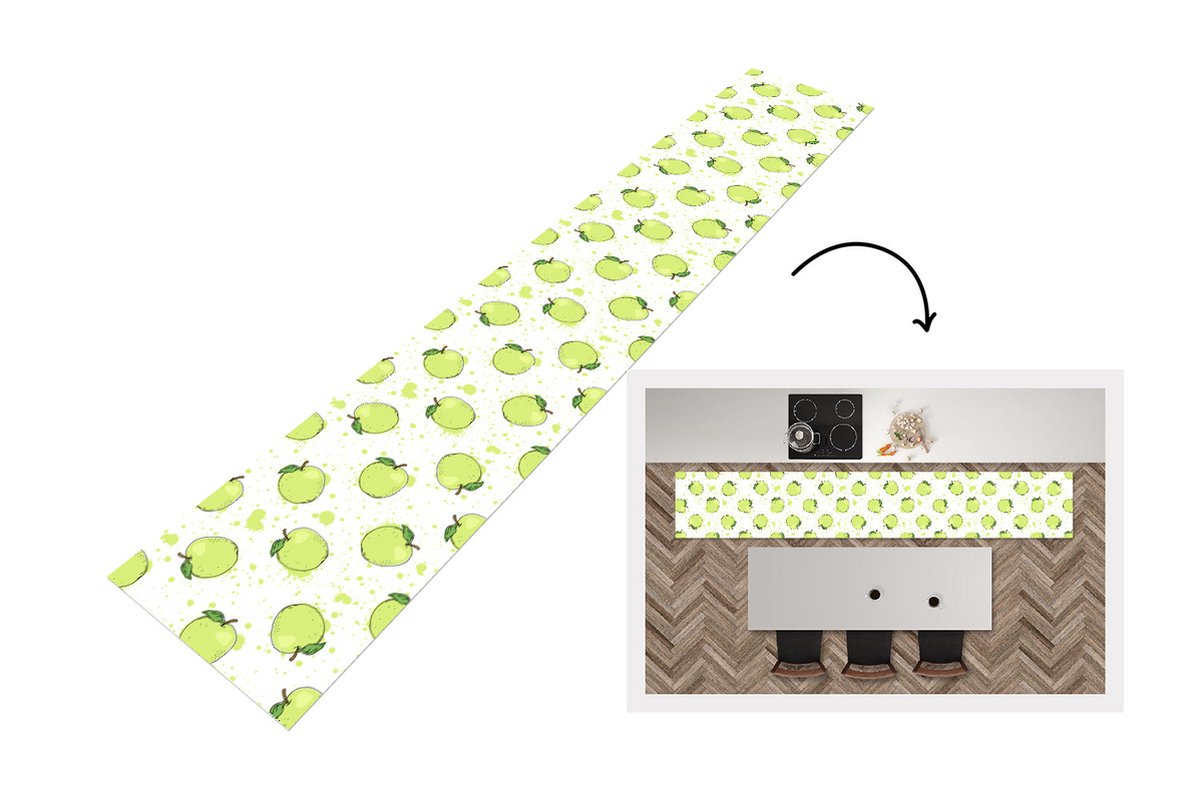 KitchenYeah Keukenloper - Loper keuken - Waterverf - Appel - Groen - Patronen - 300x50 cm - Keukenloper vinyl Multicolor