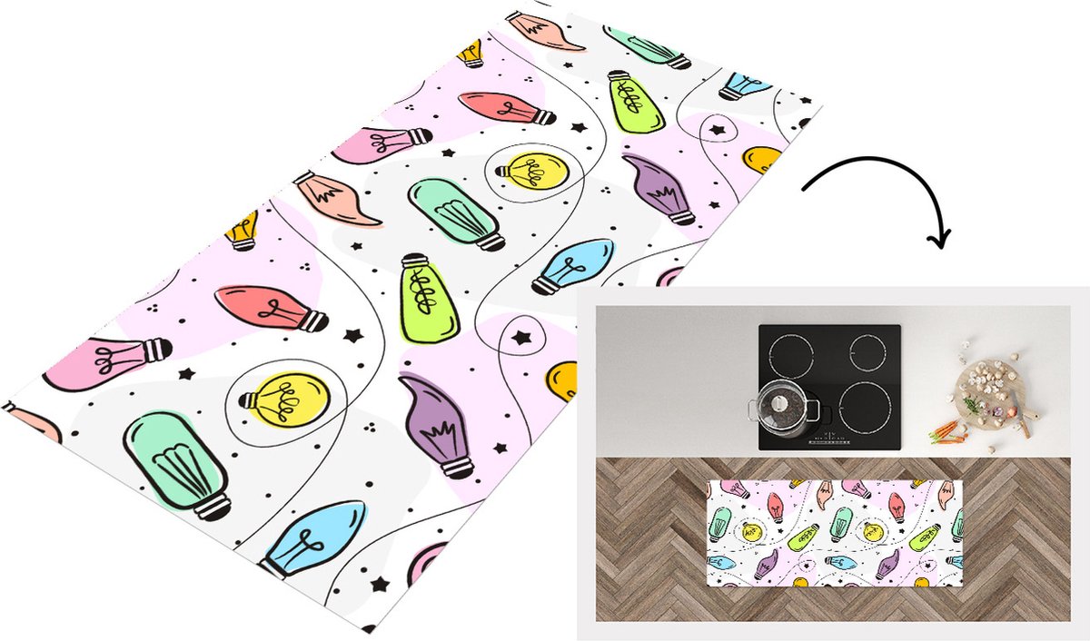 KitchenYeah Keukenloper - Loper keuken - Pastel - Regenboog - Lamp - Patronen - 120x50 cm - Keukenloper vinyl Multicolor