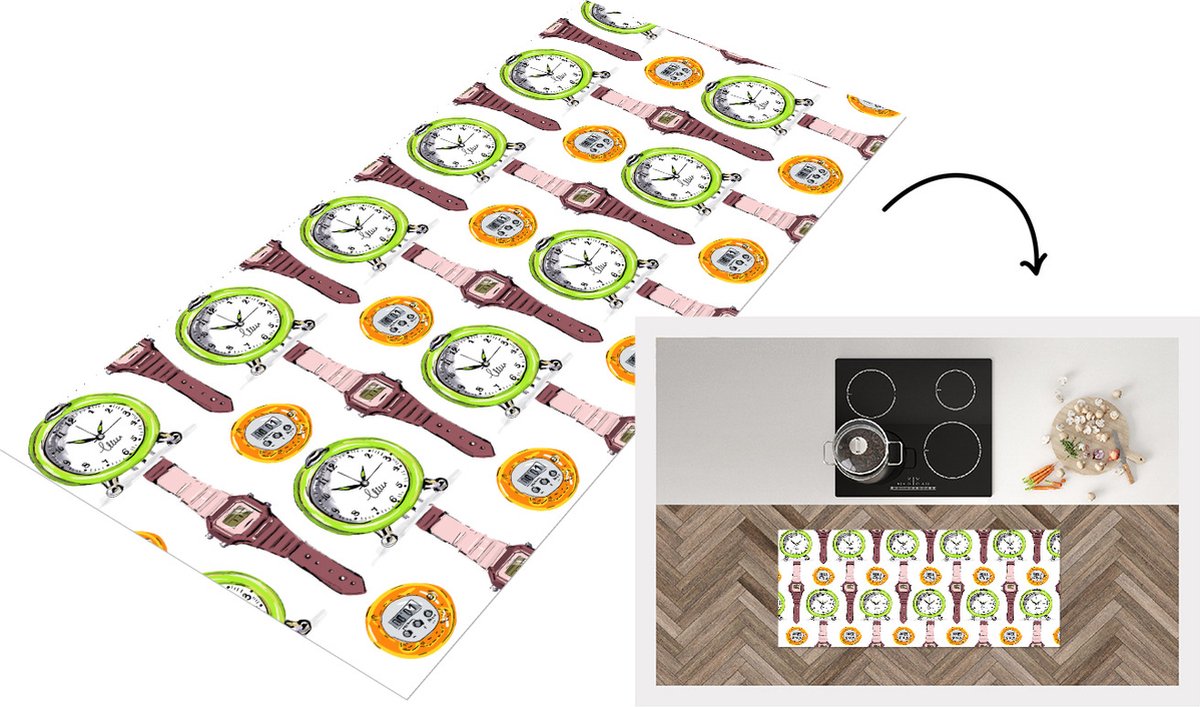 KitchenYeah Keukenloper - Loper keuken - Wekker - Horloges - Stopwatch - Patronen - 120x50 cm - Keukenloper vinyl Multicolor