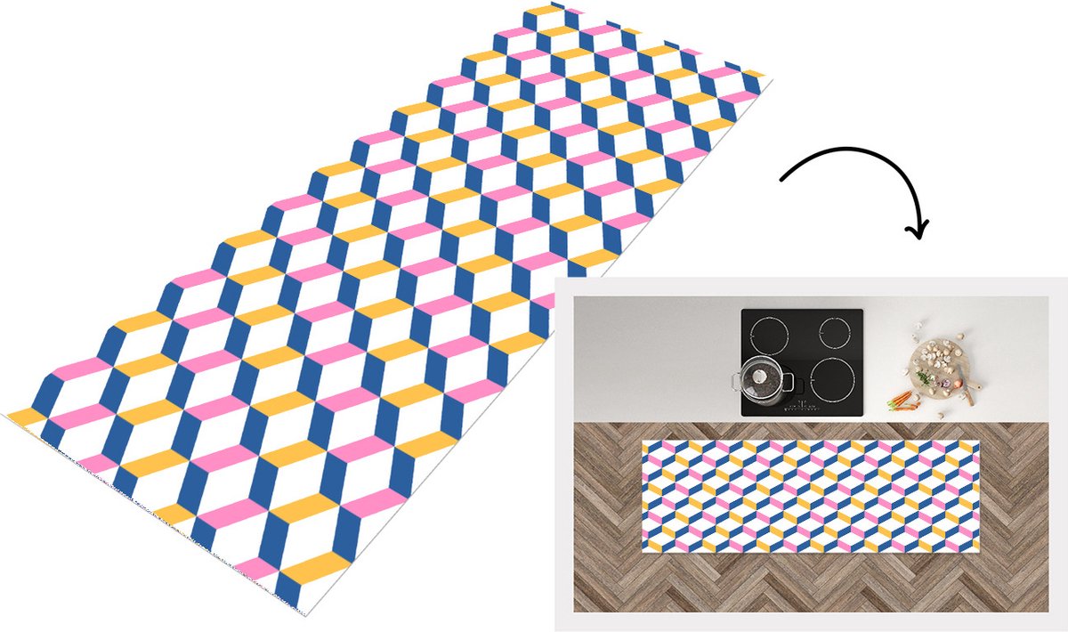 KitchenYeah Keukenloper - Loper keuken - Pastel - Blokken - Patronen - 150x50 cm - Keukenloper vinyl Multicolor