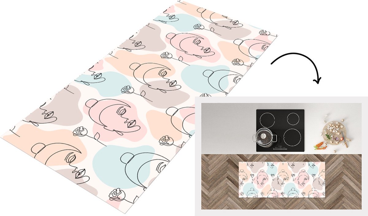 KitchenYeah Keukenloper - Loper keuken - Vrouw - Bloemen - Line Art - Pastel - Patroon - 120x50 cm - Keukenloper vinyl Multicolor