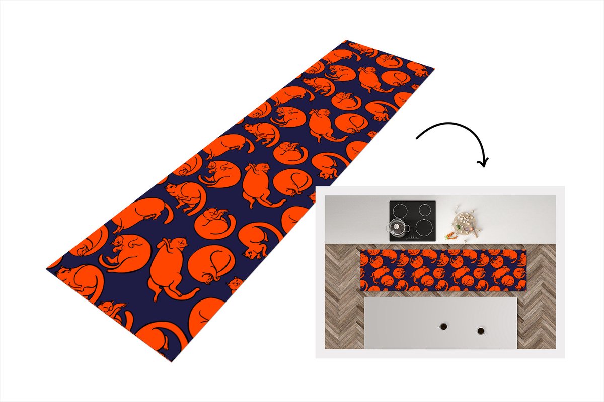 KitchenYeah Keukenloper - Loper keuken - Slapen - Kat - Patronen - 200x50 cm - Keukenloper vinyl Multicolor