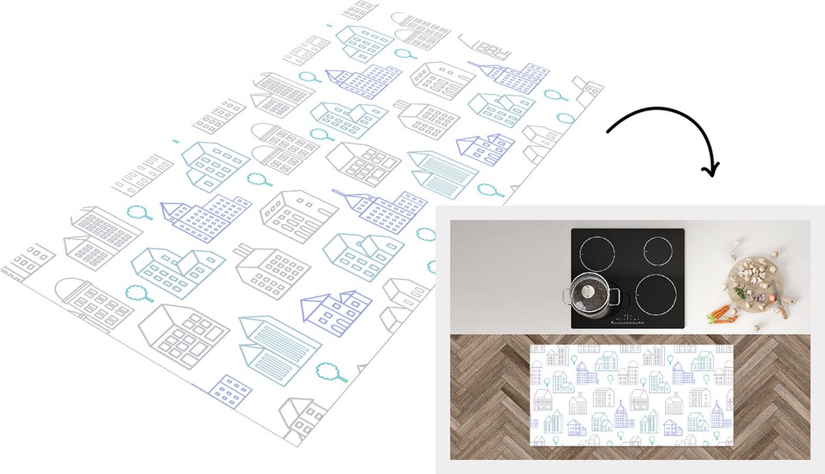 KitchenYeah Keukenloper - Loper keuken - Skyline - Patronen - Huis - 120x60 cm - Keukenloper vinyl Multicolor
