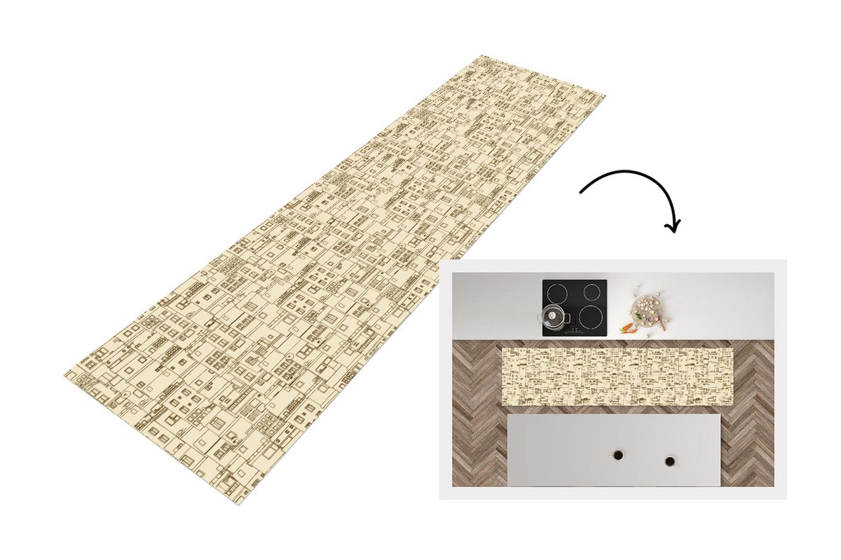 KitchenYeah Keukenloper - Loper keuken - Patronen - Huis - Skyline - 240x60 cm - Keukenloper vinyl Multicolor