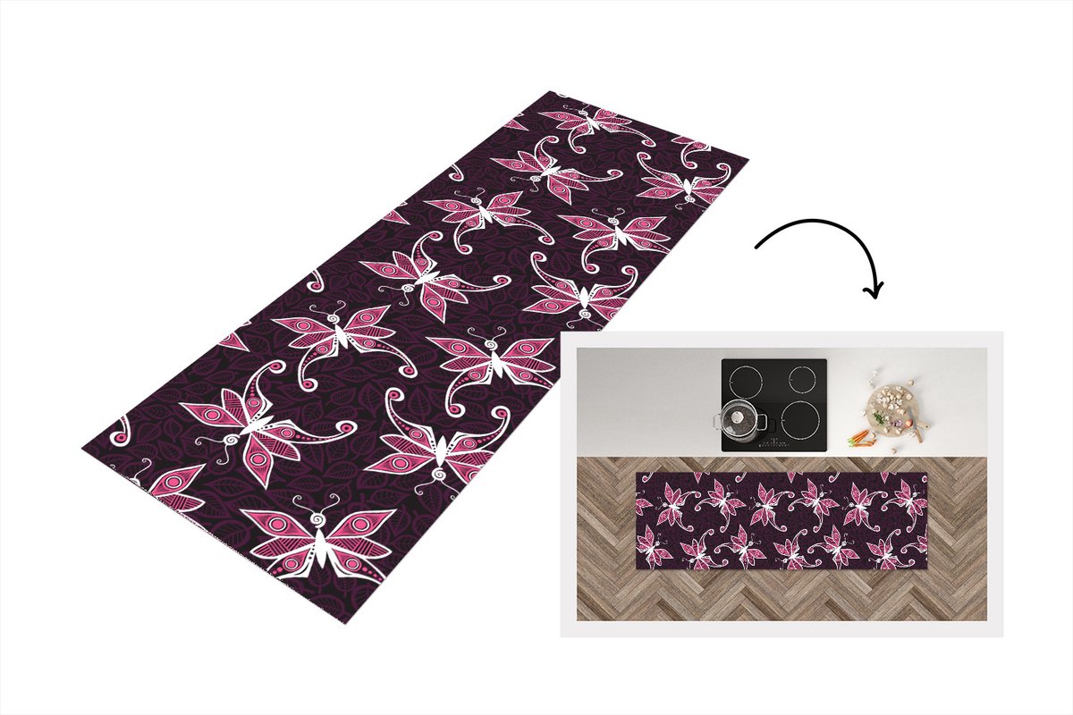 KitchenYeah Keukenloper - Loper keuken - Vlinders - Patronen - Roze - 180x60 cm - Keukenloper vinyl