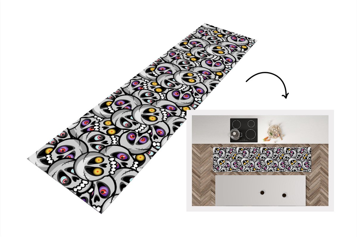 KitchenYeah Keukenloper - Loper keuken - Schedel - Patroon - Ogen - 200x50 cm - Keukenloper vinyl Multicolor