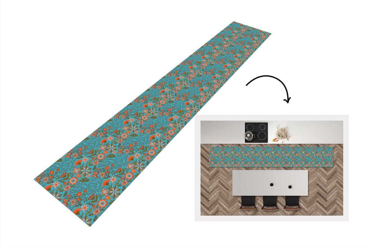 KitchenYeah Keukenloper - Loper keuken - Bohemian - Bloemen - Oranje - Retro - Design - 300x50 cm - Keukenloper vinyl Multicolor