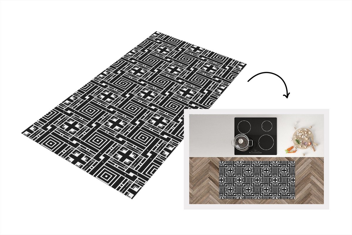 KitchenYeah Keukenloper - Loper keuken - Geometrie - Patroon - Zwart - Keukenloper vinyl, foto 3