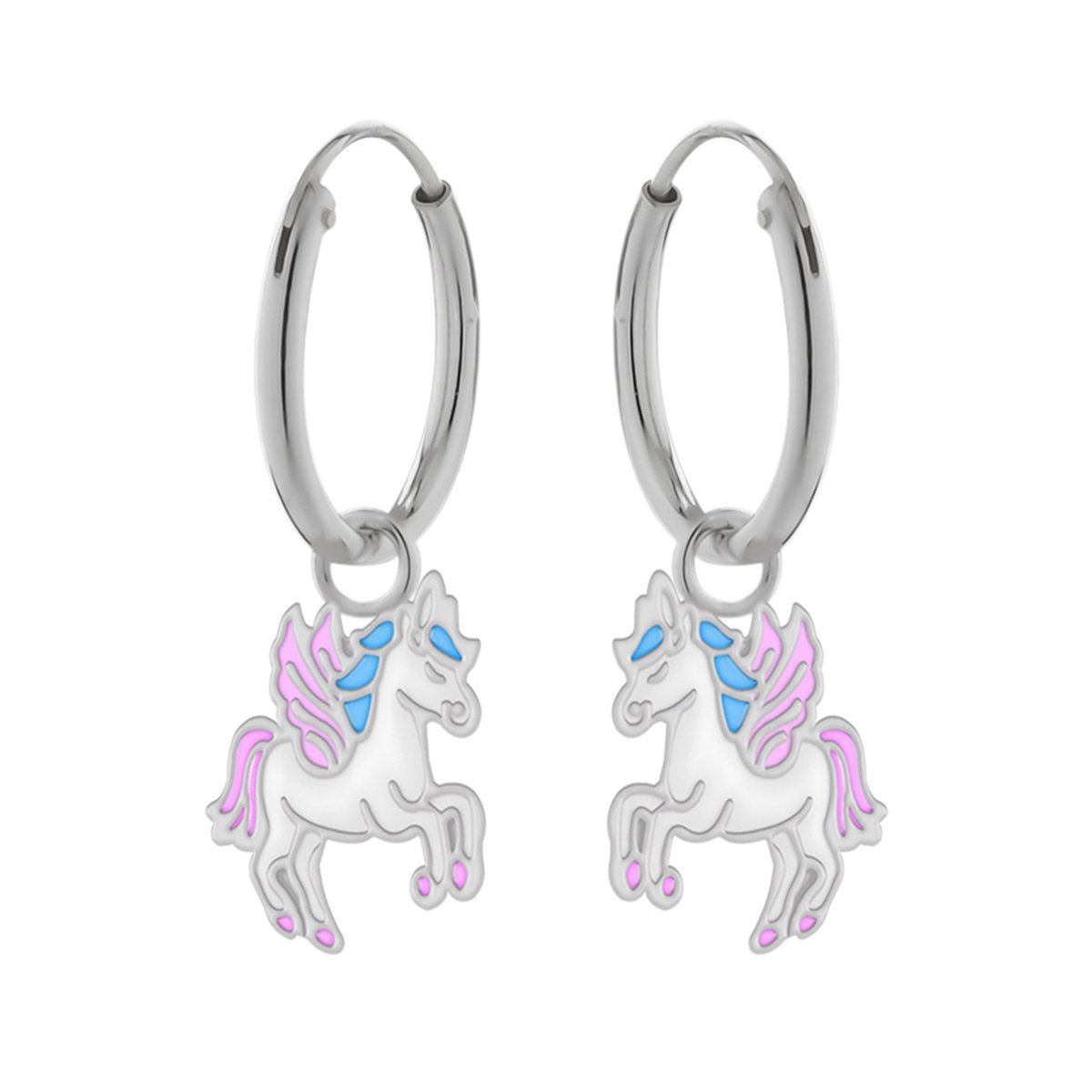 Oorbellen meisjes zilver | Eenhoorn oorbellen | Zilveren oorbellen met hanger, eenhoorn met blauwe manen en roze vleugels