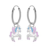 Oorbellen meisjes zilver | Eenhoorn oorbellen | Zilveren oorbellen met hanger, eenhoorn met blauwe manen en roze vleugels