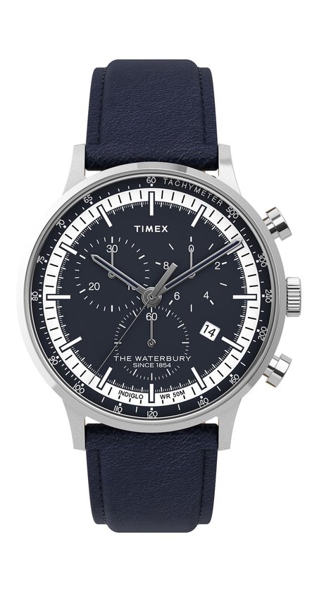Timex Classic Chrono TW2U04700 Horloge - Leer - Blauw - Ø 40 mm