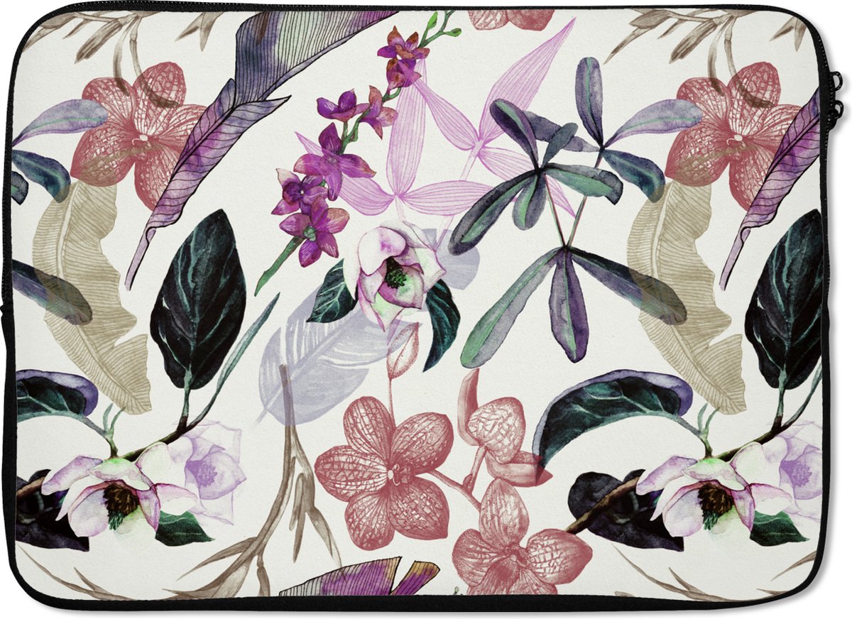 Laptophoes 13 inch - Jungle - Bloemen - Vintage - Patronen - Laptop sleeve - Binnenmaat 32x22,5 cm - Zwarte achterkant
