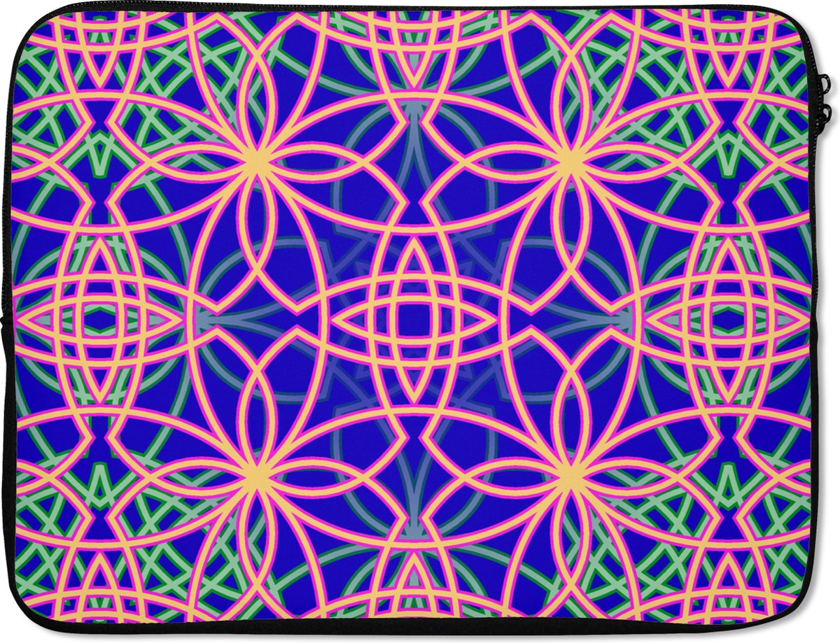 Laptophoes 15.6 inch - Bloemen - Neon - Patroon - Laptop sleeve - Binnenmaat 37x26 cm - Zwarte achterkant