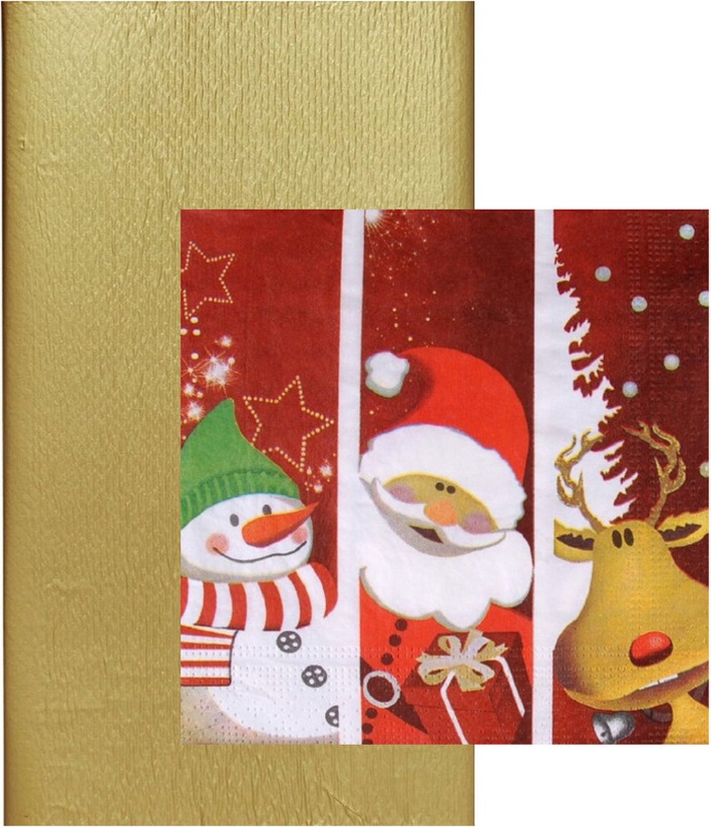 Papieren tafelkleed/tafellaken goud inclusief kerst servetten - Kerstdiner tafel
