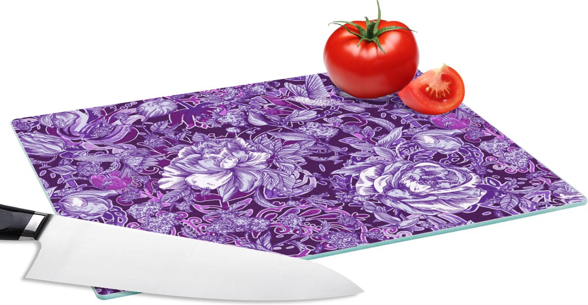 Glazen Snijplank - 28x20 - Kolibrie - Rozen - Paars - Snijplanken Glas