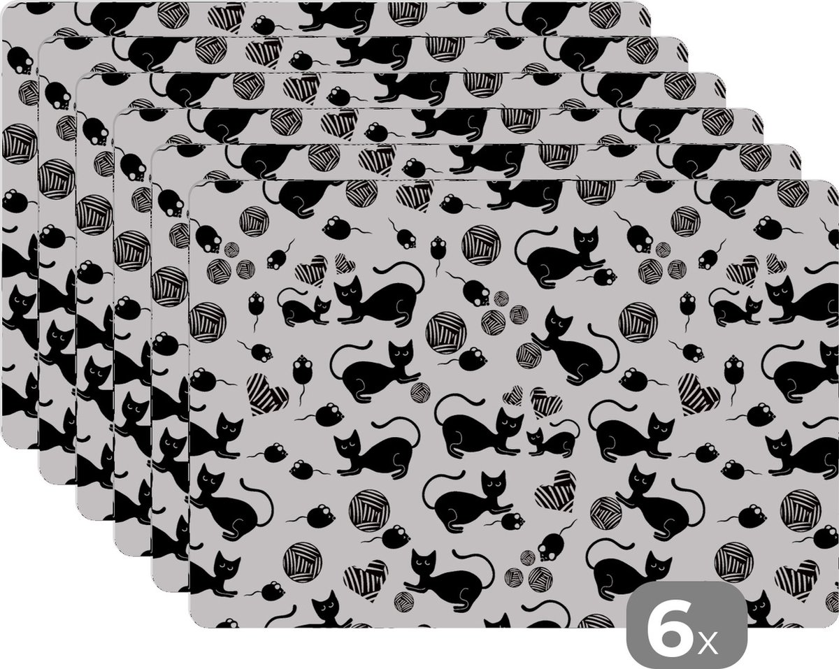 Placemat kinderen - Placemat - Placemats kunststof - Meisje - Kat - Muis - Patronen - Girl - Kids - Kinderen - Meiden - 45x30 cm - 6 stuks - Hittebestendig - Anti-Slip - Onderlegger - Afneembaar
