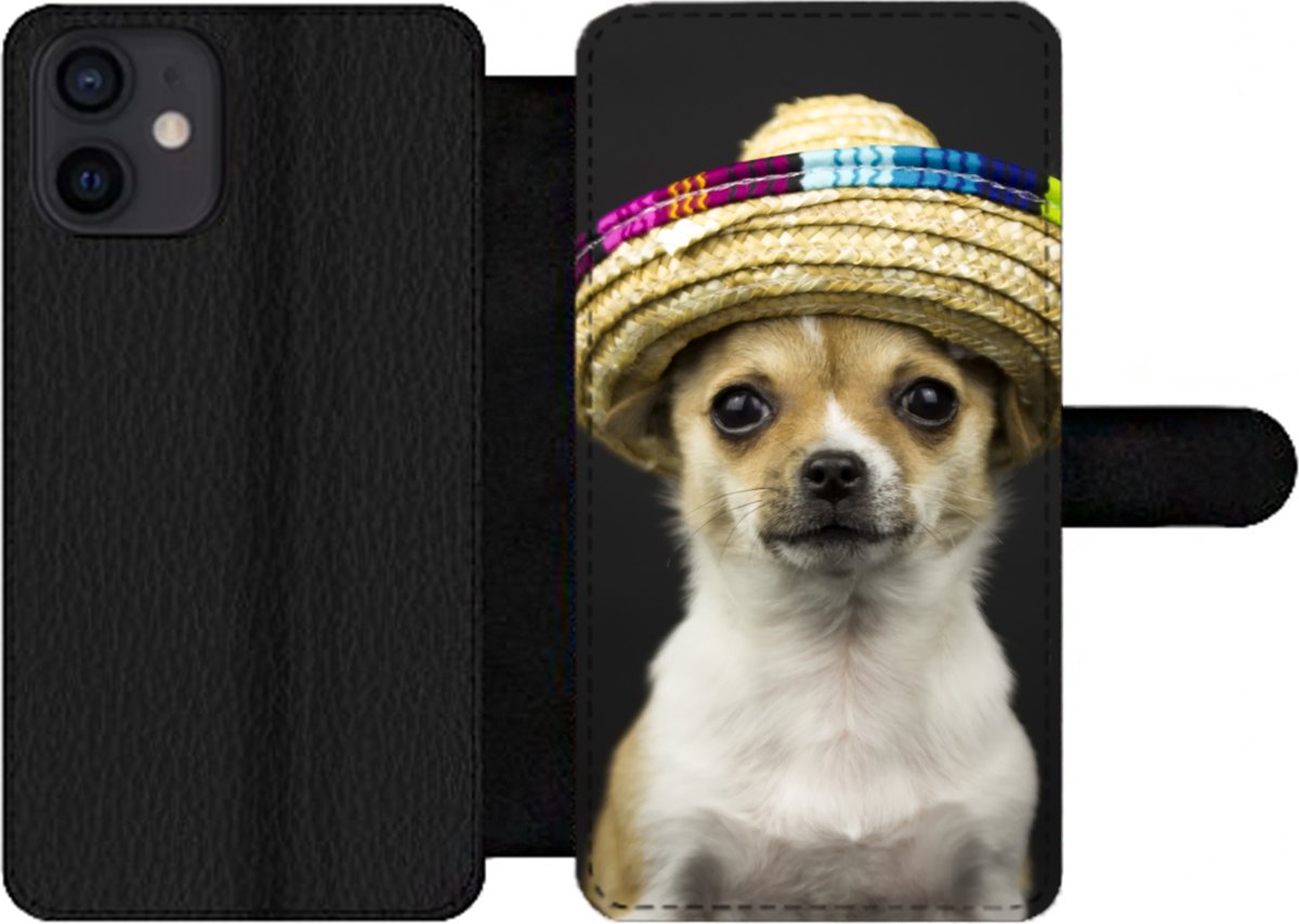 Telefoonhoesje Geschikt voor iPhone 12 telefoonhoesje - Hond - Sombrero - Zwart - Met vakjes - Wallet case met magneetsluiting
