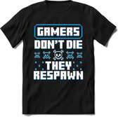 Gamers don't die pixel T-shirt | Blauw | Gaming kleding | Grappig game verjaardag cadeau shirt Heren – Dames – Unisex | - Zwart - XL