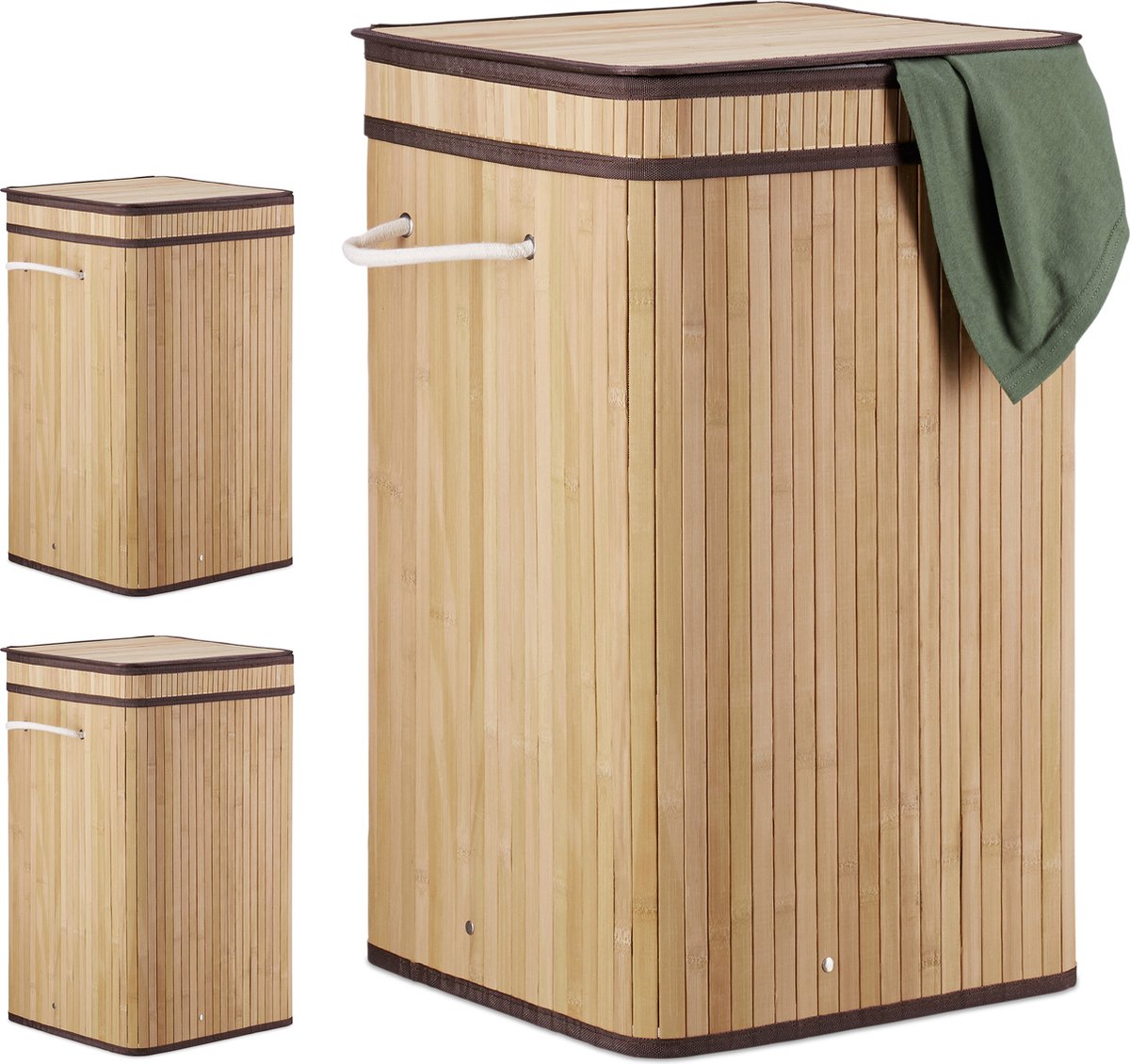 Goedkoopste 3x wasmand bamboe - wasbox opvouwbaar - 70L - vierkant - 63x36x36 cm - natuur