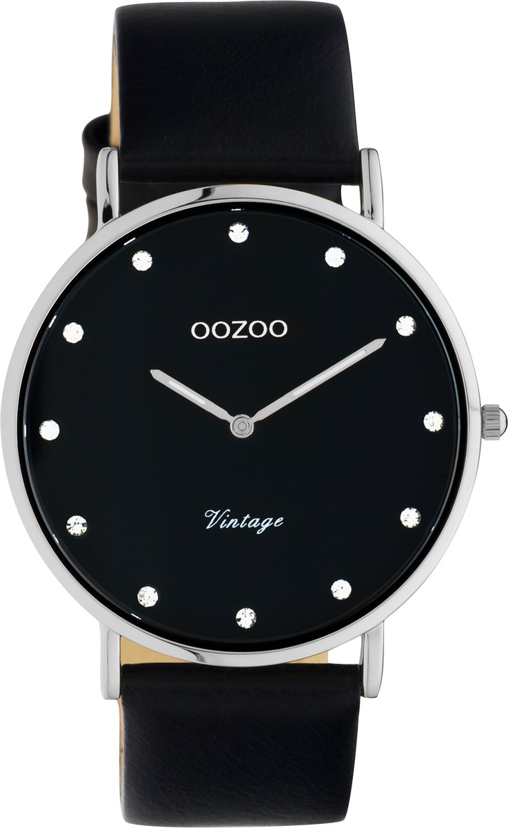 OOZOO Vintage series - zilverkleurige horloge met zwarte leren band - C20247 - Ø40