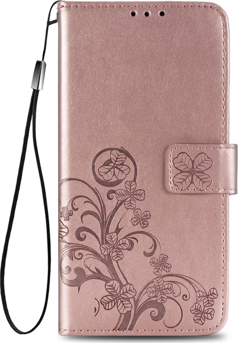 Mobigear Telefoonhoesje geschikt voor Apple iPhone 12 Hoesje | Mobigear Clover Bookcase Portemonnee | Pasjeshouder voor 3 Pasjes | Telefoonhoesje voor Pinpas / OV Kaart / Rijbewijs - Roségoud