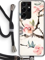 Case Company® - Samsung Galaxy S21 Ultra hoesje met Koord - Japanse bloemen - Telefoonhoesje met Zwart Koord - Bescherming aan alle Kanten en Over de Schermrand