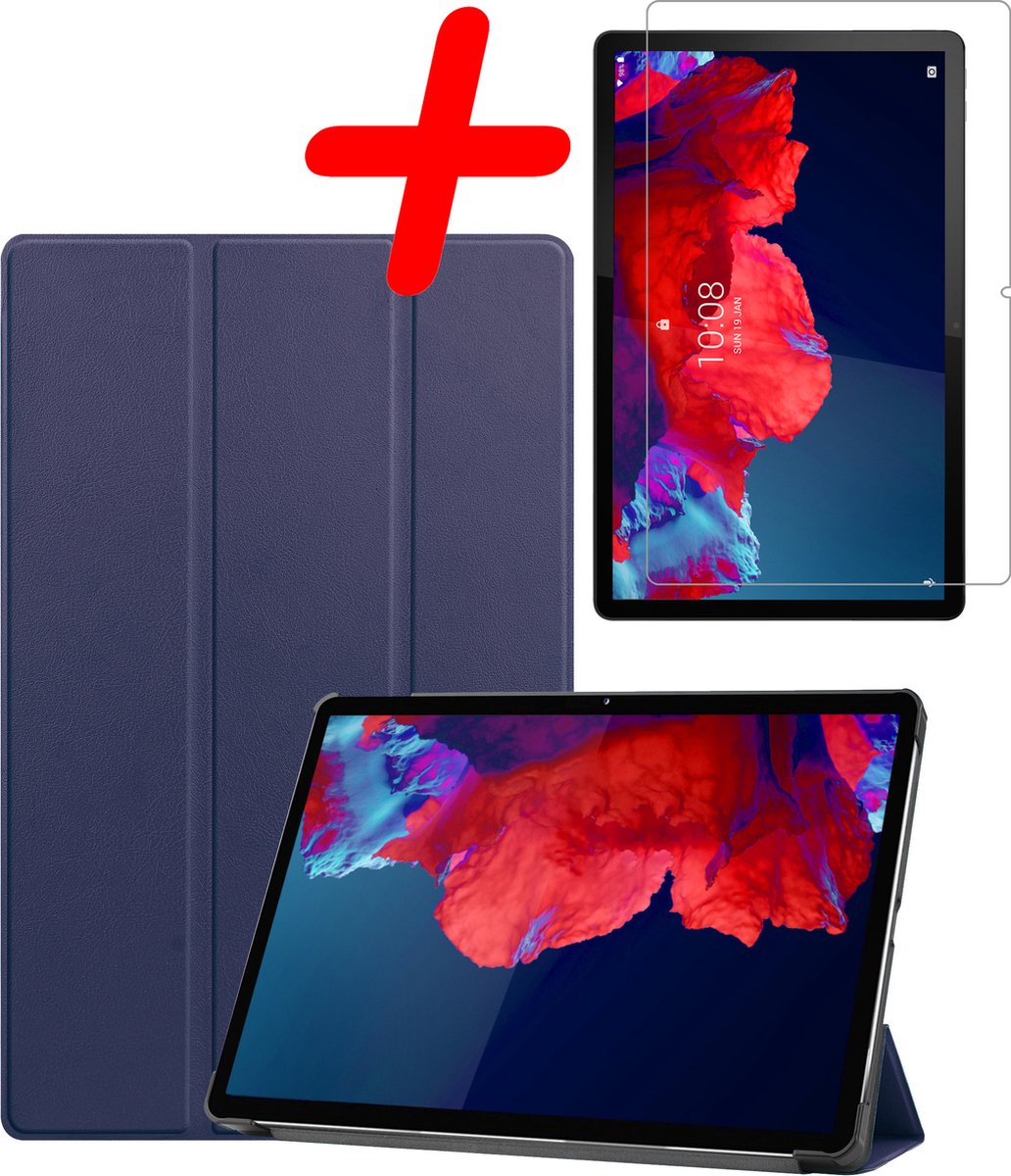 Hoesje Geschikt voor Lenovo Tab P11 - Met Screenprotector - Trifold Bookcase - Hard Cover - Hardcover Book Case - Tablet Hoes - Donkerblauw