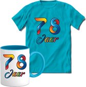 78 Jaar Vrolijke Verjaadag T-shirt met mok giftset Blauw | Verjaardag cadeau pakket set | Grappig feest shirt Heren – Dames – Unisex kleding | Koffie en thee mok | Maat M