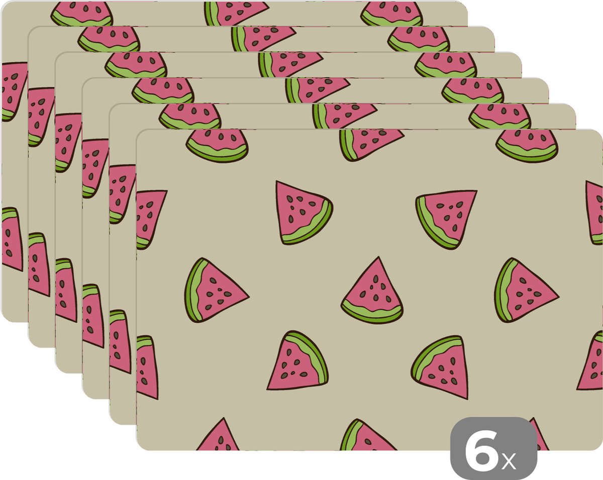 Placemat - Placemats kunststof - Design - Patroon - Watermeloen - 45x30 cm - 6 stuks - Hittebestendig - Anti-Slip - Onderlegger - Afneembaar