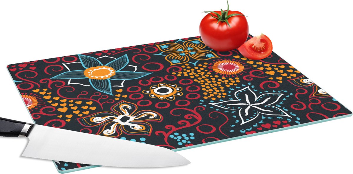 Glazen Snijplank - 39x28 - Bloemen - Rood - Patronen - Snijplanken Glas