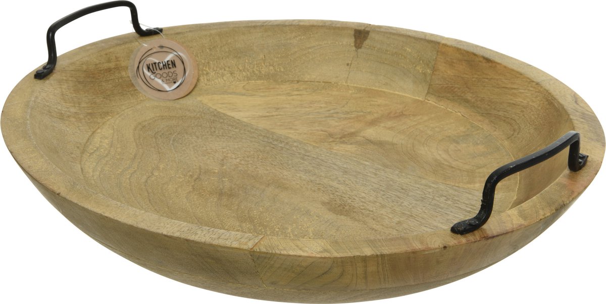 Decoris serveerschaal - fruitschaal - rond - mangohout - 39 x 10 cm - met handvatten
