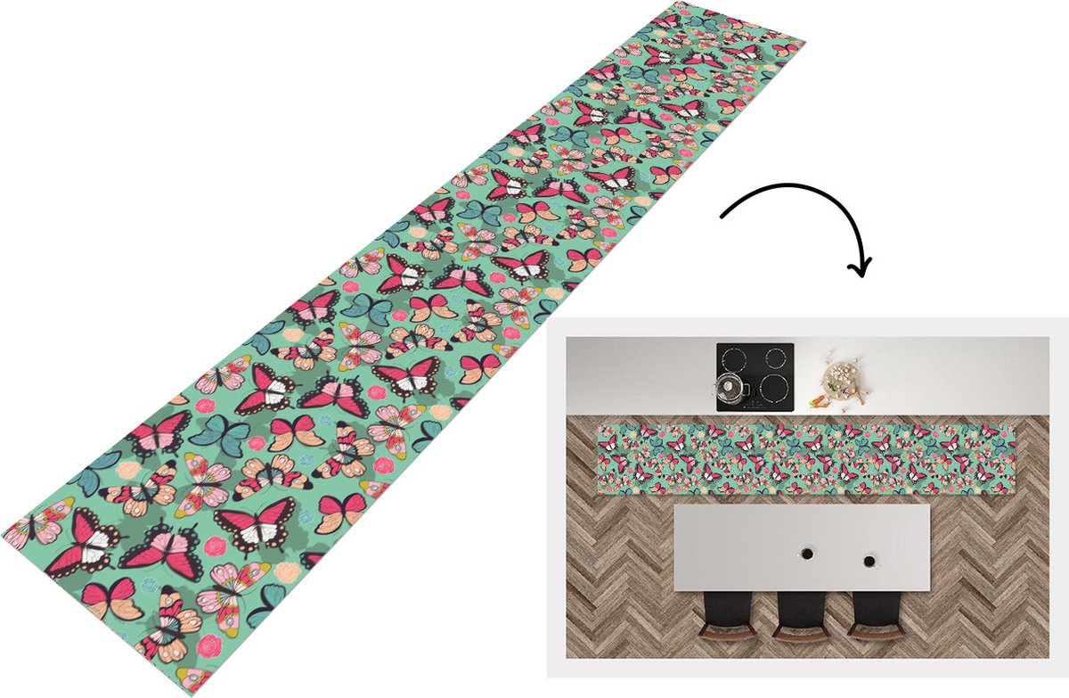 KitchenYeah Keukenloper - Keukenmat - Vlinders - Patronen - Lente - 360x60 cm - Keuken vloerkleed Multicolor