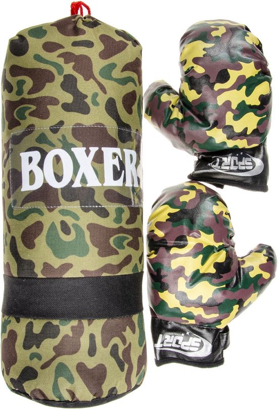 Bokszak met handschoenen - camouflage - 43 cm - boksen voor kinderen