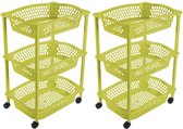 2x stuks keuken/kamer opberg trolleys/roltafels met 3 manden 62 x 41 cm groen - Etagewagentje met opbergkratten