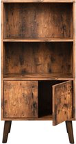 Retro boekenkast, Boekenkast met 2 planken en kastdeuren, Retro meubilair voor boeken, foto's, decoratie, houtlook