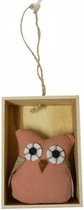 hangfiguur uil 27 cm hout/textiel roze/blank