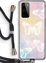 Case Company® - OnePlus 9 Pro hoesje met Koord - White butterfly - Telefoonhoesje met Zwart Koord - Bescherming aan alle Kanten en Over de Schermrand