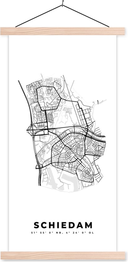 Affiche scolaire - Pays- Nederland - Schiedam - Plan de la ville - Carte - Zwart et Wit - Plan d'étage - 90x180 cm - Lattes vierges