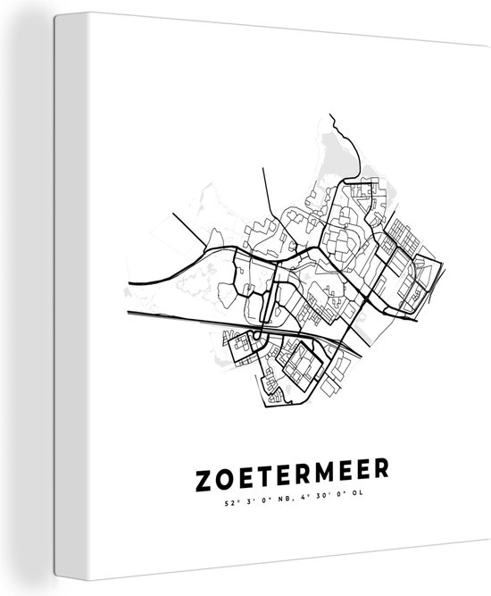 Canvas Schilderij Nederland – Zoetermeer – Stadskaart – Kaart – Zwart Wit – Plattegrond - 20x20 cm - Wanddecoratie