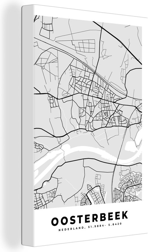 Canvas Schilderij Oosterbeek - Zwart Wit - Stadskaart - Plattegrond - Nederland - Kaart - 40x60 cm - Wanddecoratie