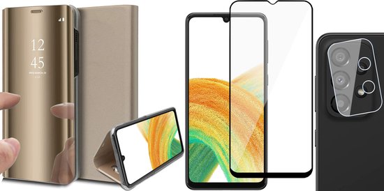 Hoesje geschikt voor Samsung Galaxy A33 - Book Case Spiegel Wallet Cover Hoes Goud - Full Tempered Glass Screenprotector - Camera Lens Protector